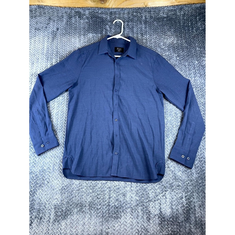 Bylt Vista Shirt Mens Small Navy Blue Stretch Long Sleeve Curved Hem Button Up